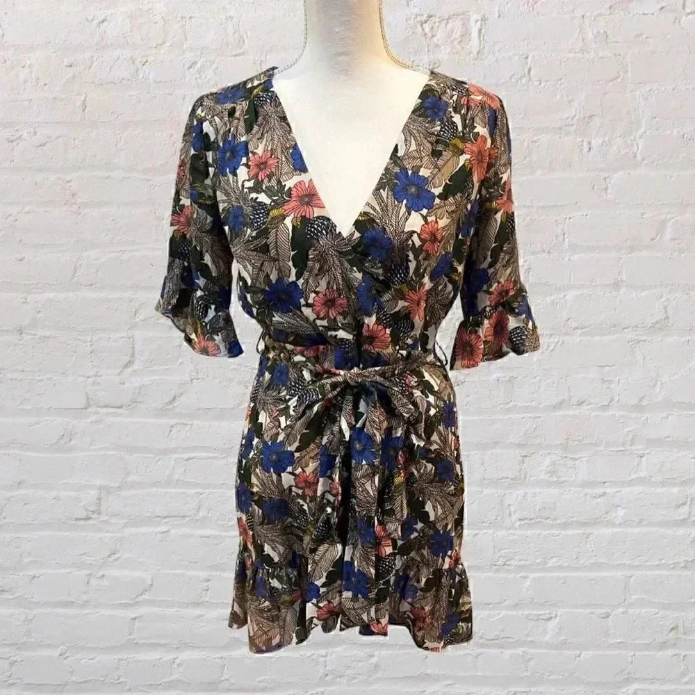 Anthropologie Lost + Wander Multicolor Floral Flutter Bell Sleeve Faux Wrap Dres